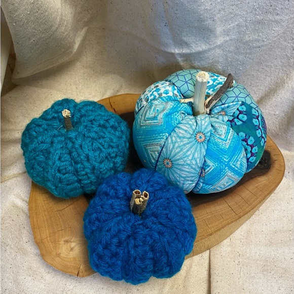Hand Crafted Other - Fall pumpkin boho patchwork fabric blue teal and crocheted pumpkins curated set